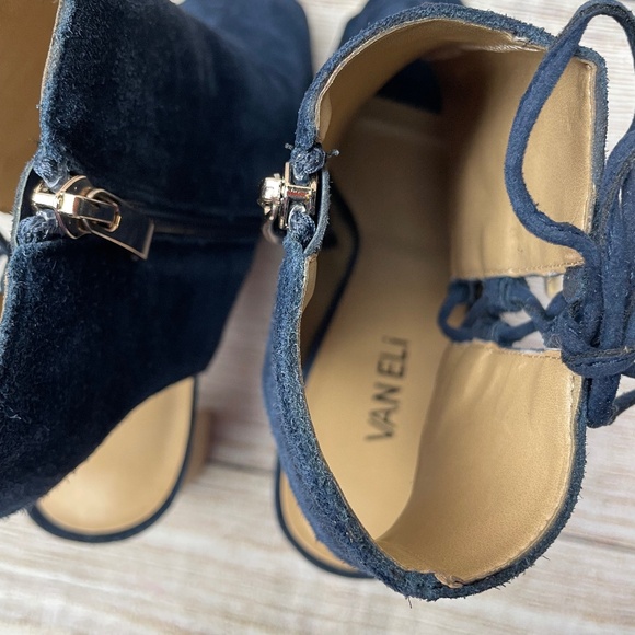 Vaneli Blue Suede Peep Toe Chunky Wood Heels Slingback Sandal Booties Size 10 - Picture 4 of 8